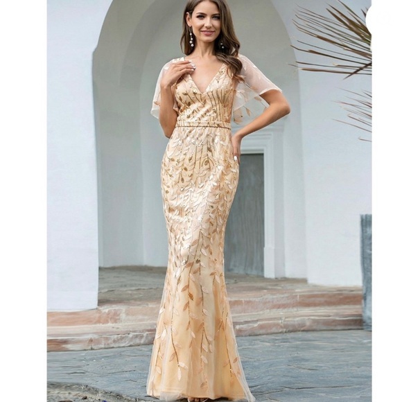 Ever Pretty Gold Shimmery Leaf Embroidered VNeck RuffleSleeves Maxi Dress NWT 2X - Picture 2 of 16